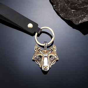 Fenrir Wolf Head <b>Keychain</b> Stainless Steel Celtic Pattern Metal Spring Buckle Leather Strap Double Pendant - Product Image 1