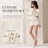 Ensemble de costume 3 pièces décontracté en tweed et coton pour femme, veste courte, haut peplum boutonné, short assorti, OEM ODM Marque Privée
