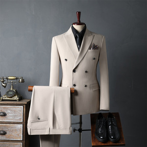 2025 automne nouveau décontracté Style coréen Double boutonnage hommes <span class=keywords><strong>costume</strong></span> ensemble <span class=keywords><strong>Beige</strong></span> Long <span class=keywords><strong>mariage</strong></span> <span class=keywords><strong>costume</strong></span> pour marié garçons d'honneur plat avant - Product Image 2