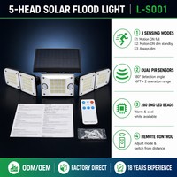 Lampe solaire à détecteur de mouvement 280 LED, projecteur de sécurité à double capteur 5 têtes 180° °   Éclairage grand angle pour cour et garage