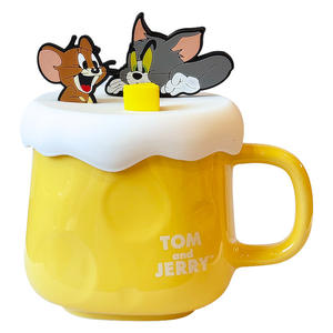 Tom And Jerry Ceramic <b>Mug</b> Light Yellow With Lid And Handle Cartoon Design For Presents - Product Image 1