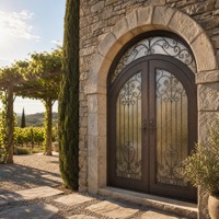 Porte d'entrée extérieure en fer forgé cintrée sur mesure, double vitrage trempé, étanche, pour projet de maison américaine moderne