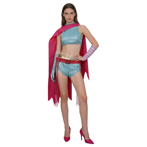 Costume assorti mère-fille inspiré de la <span class=keywords><strong>gazelle</strong></span>, haut court bleu brillant et short avec cape rouge, tenue de fête d'Halloween pour cosplay - Product Image 6