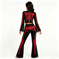 Halloween Skelett-Kostüm für Damen, Rotes Knochenmuster Langarm-Crop-Top und Schlaghose Set, Party-Verkleidung