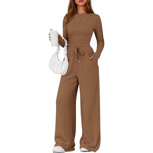 FOXA Women's 2 Piece Lounge Set Long Sleeve Crop Top Wide Leg Pants Rib <b>Knit</b> With Pockets Daily Wear Outfit - Product Image 1