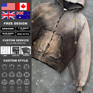 Custom Rhinestone High-quality 100% Cotton Winter Zip-Up Hoodie Gradient Retro Acid-washed Vintage Oversized - Product Image 2