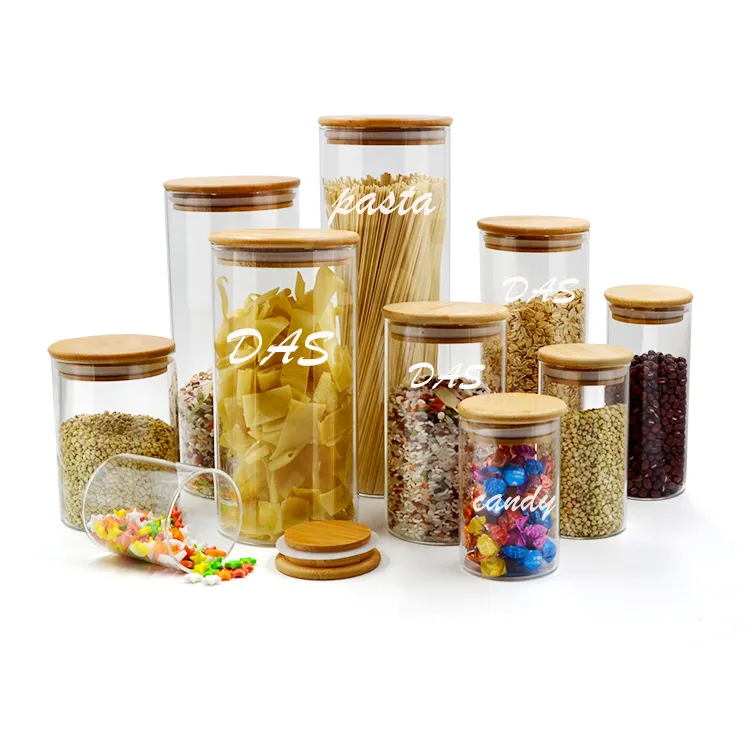 Round Borosilicate Bamboo Glass Canister Spice Jar Kitchen Food Glass Storage Jar and Containers with Bamboo Lid