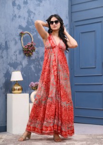 Robe bohème en soie pour femme – Robe longue imprimée avec bretelles spaghetti, dos ouvert et ourlet à volants fluide pour la plage et les vacances - Product Image 5