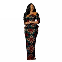 Ensemble en coton pour femmes, grande taille, imprimé africain Ankara; haut à col biais et manches cloche, jupe longue jusqu’au sol; tenue décontractée dashiki deux pièces