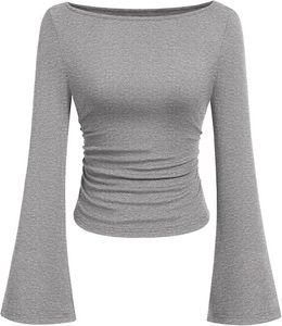 T-shirt a maniche lunghe da donna in viscosa, slim fit, con collo alla coreana, tinta unita, stile europeo-americano, effetto snellente, per l'autunno. - Product Image 6