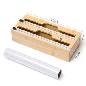 Découpeur de film alimentaire en bambou 33,5x22x7,5cm avec support pour rouleau de papier aluminium, boîte de rangement de cuisine - Product Image 4