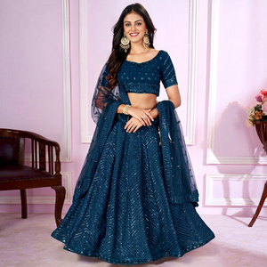 Blue Sequin Embroidered Wedding Lehenga Choli <b>Net</b> Dupatta Women Party <b>Dress</b> - Product Image 1