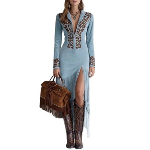 Abito da Donna in Stile Western Retrò Etnico per l'Autunno - Tessuto in Camoscio con Frange e <span class=keywords><strong>Stampa</strong></span> Floreale Asimmetrica - Product Image 4