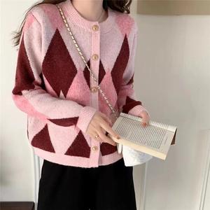Cárdigan de Punto con Bloques de Color en Forma de Rombo y Cuello Redondo para <span class=keywords><strong>Mujer</strong></span>, Estilo Otoño-Invierno, Casual - Product Image 3