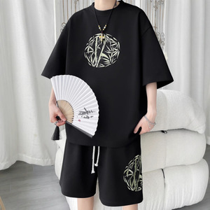 Nouvel ensemble homme style chinois en soie glacée imprimée, spandex/coton, pour l'été : short décontracté et t-shirt à manches courtes - Product Image 2