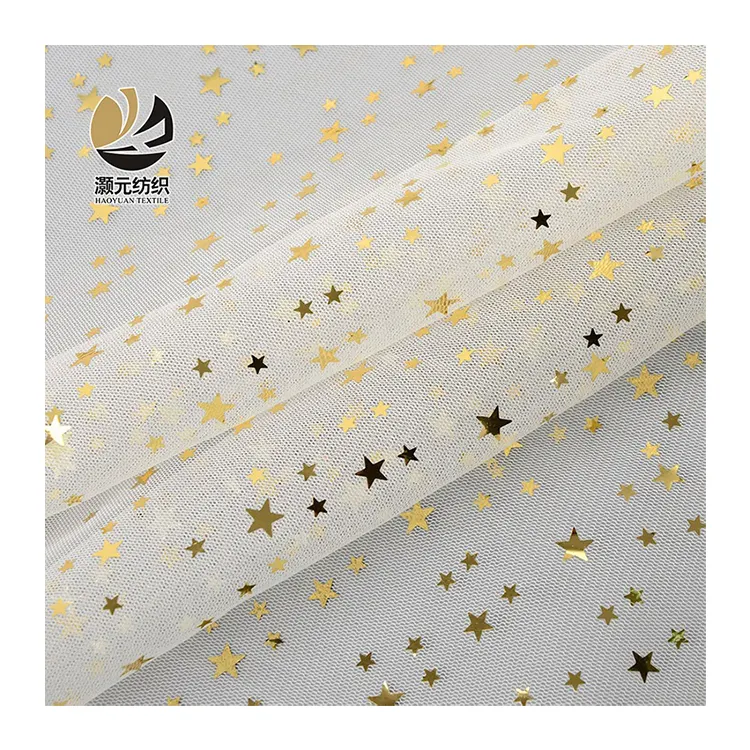 Ready goods printing bronzing star patterned soft bird eye mesh tulle fabric for wedding dress