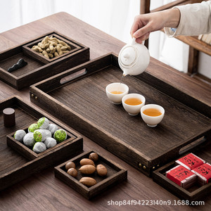 Juego de bandeja de té de madera maciza de Paulownia de 7 piezas, bandeja de servir de madera retro envejecida para uso doméstico. - Product Image 5
