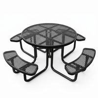Table de pique-nique carrée en métal robuste de qualité commerciale pour l'extérieur, avec banc, mobilier de patio extérieur, table à manger avec trou pour parasol