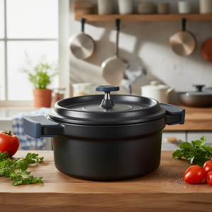 Casseruola con coperchio nero, pentola olandese rotonda per cucinare - Product Image 3