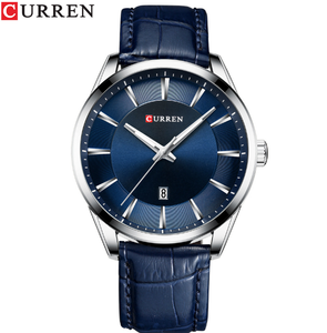Reloj de cuarzo para hombre, caja plateada, esfera <span class=keywords><strong>azul</strong></span>, indicadores, ventana de fecha, correa de cuero, informal de negocios - Product Image 1