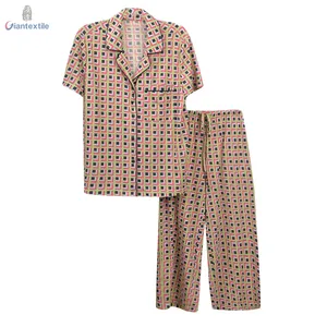 품질 보증 긴팔 블랙, 블루 및 핑크 블록 프린트 그린베이스 잠옷 여성용 프린트 라운지웨어