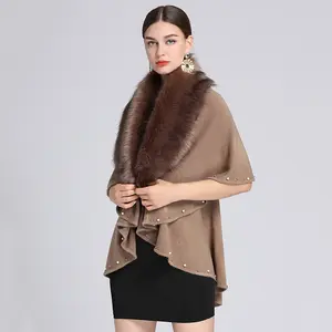 CX-F-S-11C Großhandel Elegante Mode Winter Gestrickte Schals Polyester Wolle Mischung Kunst pelz Poncho Für Damen