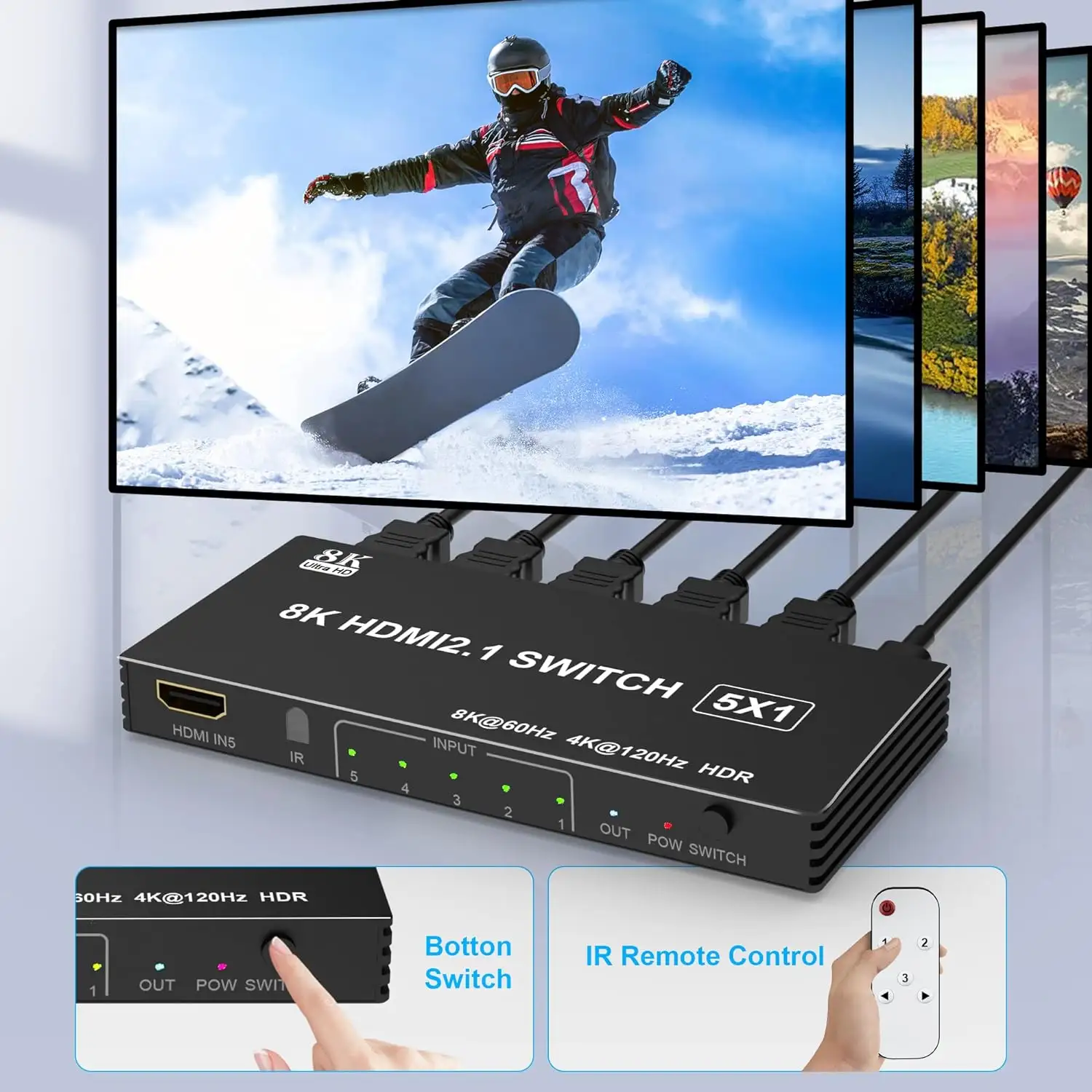 Justlink 8K HDMI Switch 5 in 1 Out HDMI2.1 Switch 5 Port with IR Remote HDTV Switcher Selector 8K60Hz 4K120Hz for Xbox PS4 PC TV
