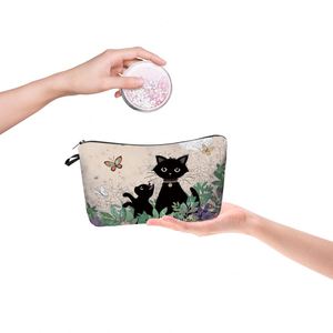 Nouvelle trousse de toilette imprimée chat noir de dessin animé pour femmes, sac de rangement de voyage portable, sac de toilette imperméable en cuir PU et polyester - Product Image 3