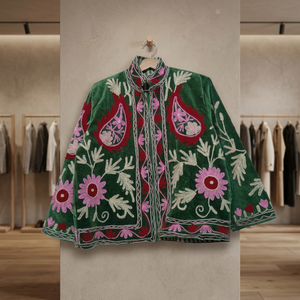 Abrigo de Terciopelo para Mujer, Estilo Vintage, Transpirable, Ecológico, Cuello Alto, Manga Larga, Hecho a Mano, Color Rosa Rojo Sólido, Estilo Suzani, Ropa de Otoño - Product Image 4