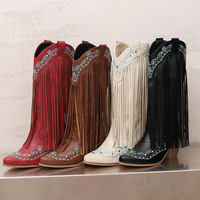Botas Vaqueras con Flecos para Mujer, Botas Occidentales Retro con Bordado Geométrico, Punta Puntiaguda, Tacón de Bloque de 7.5 cm, Forro de Felpa, Botas para Conciertos Country