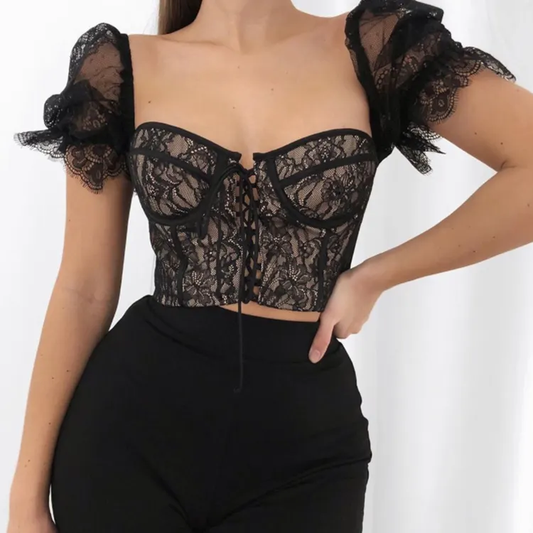 Summer Polyester Black Sexy Lace Short Sleeve Women's Vest Puff Sleeve Corset Lady Bralettes Bandage Tank Top