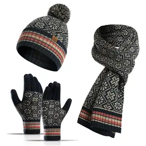 Новая жаккардовая вязаная шапка перчатки шарф наборы Осень и зима уличная холодная шапка Комплект из трех предметов