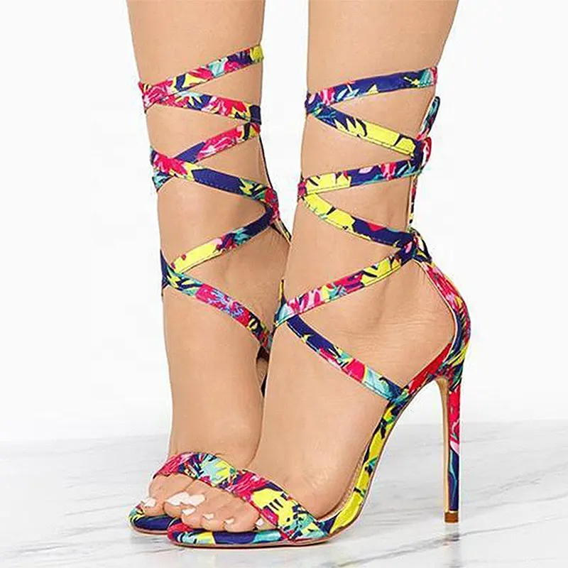 2023 OEMODM Pencil Stiletto Sexy Fashion Sandals Multicolor High Heeled For Women Lace-Up Woman Pencil High Heel Sandals