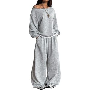 Conjunto de 2 Piezas de Sudadera sin Cuello para Mujer, Pantalones Deportivos Holgados de Forro Polar Transpirable, Atuendo Informal Combinado para Todas las Temporadas - Product Image 5