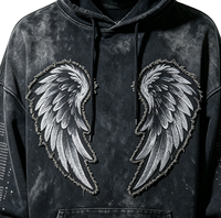 Sweat à capuche vintage déchiré avec broderie ailes d'ange, coupe oversize ample, style streetwear