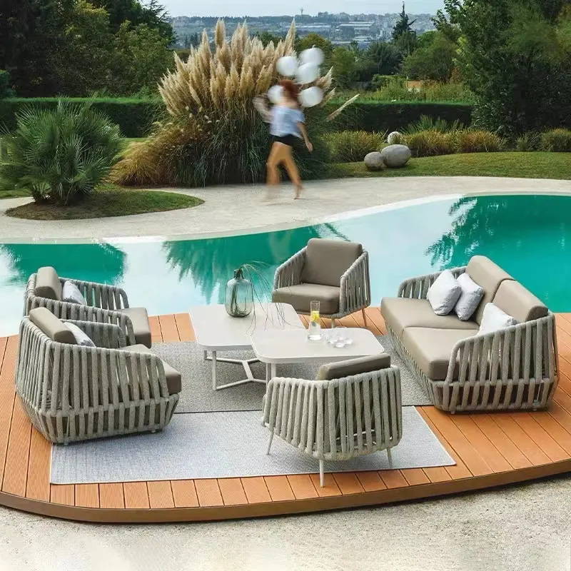 Novo moderno conjunto de jardim de luxo conjunto de mesa de sofá, de alumínio, rattan, pátio, varanda, mobiliário ao ar livre