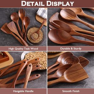 Ensemble de 15 cuillères en bois de teck pour la cuisine, ustensiles de cuisine, spatule en bois, cuillère à pâtes à fentes - Product Image 3