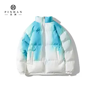 Blue Tie-Dye Winter Thermal Jacket Gradient Men's Down Filled Coat with Elastic Cuff Adjustable Draw-cord Accept Custom color