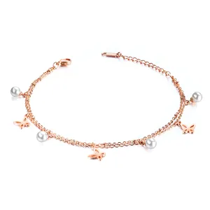 Rose Gold-Plated Pearl Butterfly Double-Layer Titanium Steel Anklet Forest Girl Style Bangles Women Bracelets Jewelry