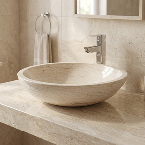 Lavabo ovale en travertin blanc, pierre naturelle, poli, à poser sur comptoir, pour hôtels et écoles - Product Image 1