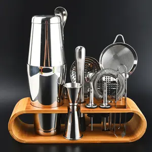 Supplier Custom Cocktail Shaker Set with Accessories Barware Drink Shaker Built-In Strainer Bar Tools Set Recipe Wooden Base