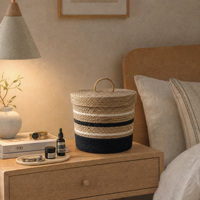 Panier de rangement ovale en jonc de mer tressé à la main avec couvercle et poignée, style minimaliste, organisateur décoratif portable, décoration naturelle pour la maison