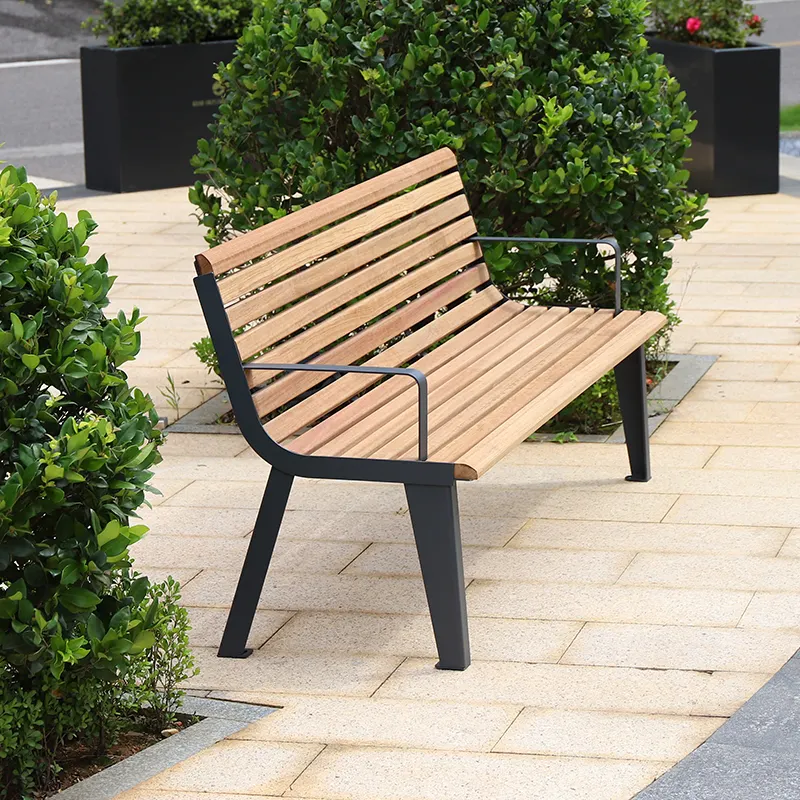 Moderne Patio Buitenbanken Met Rugleuning Stalen Park Lange Bank Stoel Met Massief Hout Buiten Wachtstoelen Voor Straat