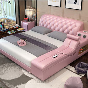 Multi-functional Leather Bedroom Furniture Storage Platform Massage Pink King Queen Smart Bed