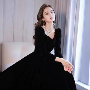 Black Velvet Evening Gown Square Collar A-Line Long Dress For Banquet Art Exam Toasting Parties - Product Image 3