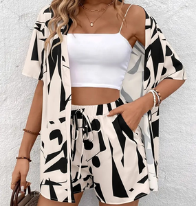 Conjunto de Dos Piezas con Estampado Bohemio para <span class=keywords><strong>Mujer</strong></span>, Cárdigan Abierto Informal y Pantalones Cortos, Ropa de Playa para Vacaciones 2026 - Product Image 3