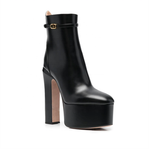 Bottines courtes noires à bout rond pour femme, en cuir véritable, à plateforme, talon bloc haut, avec fermeture éclair, chaudes pour l'hiver - Product Image 5