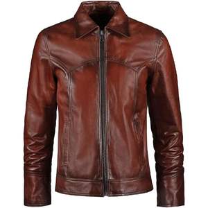 Veste en cuir d'agneau classique pour homme sur mesure, manches longues, coupe-vent, style motard, marron - Product Image 1