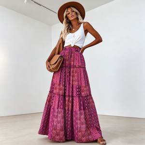 Women's Boho Maxi <b>Skirt</b> Tiered Ruffle Hem <b>Elastic</b> High <b>Waist</b> Patchwork Print Floor Length Summer <b>Skirt</b> - Product Image 1