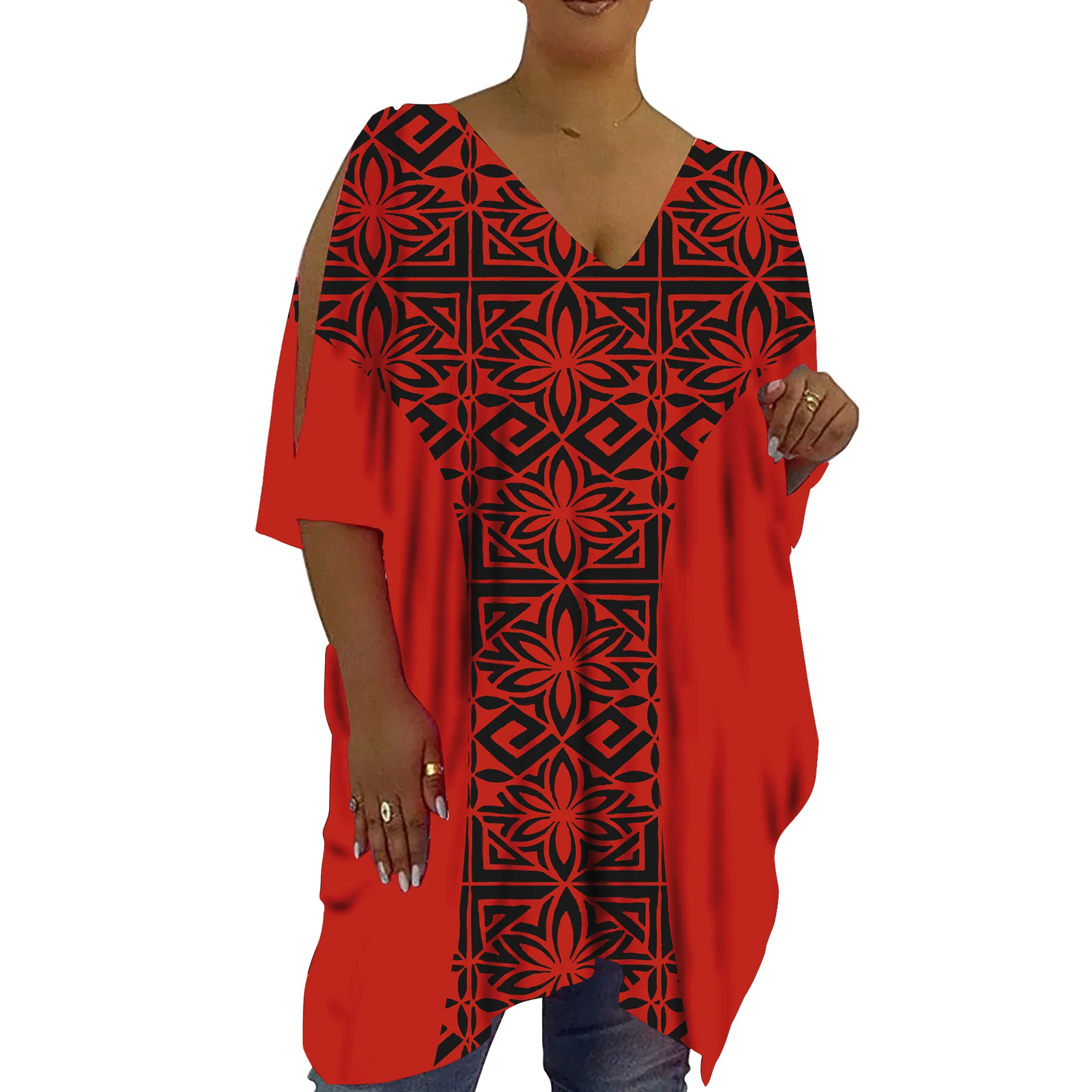 Competitive Price Wholesale Red Samoan Tribal Tapa Polynesian Tops Deep V Neck Plus Size Womens Blouses Cold Shoulder T Shirts